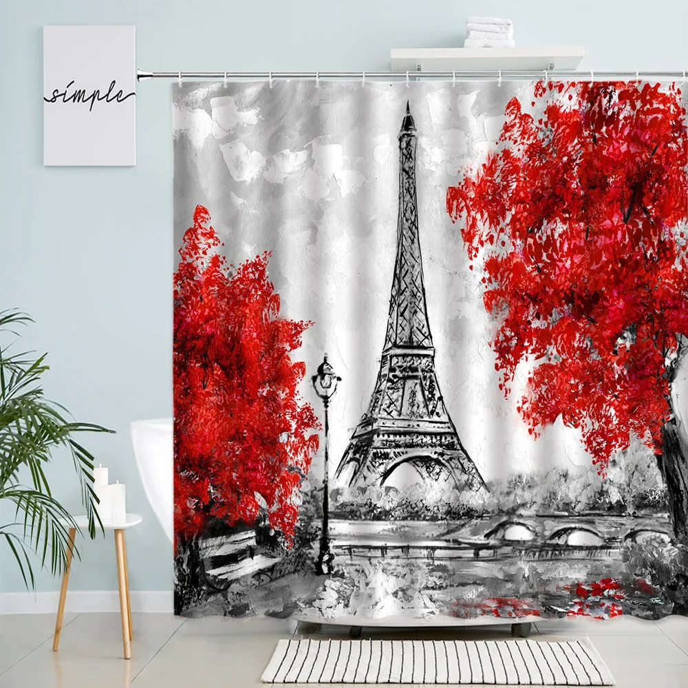 

Retro Paris Tower Shower Curtain Red Tree Bridge Park Nature Scenery Oil Painting Fabric Print Wall Bathroom Decor Bath Curtains