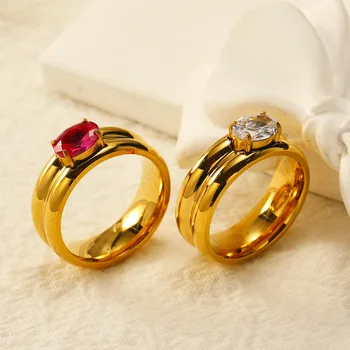 Anello Nuziale a Doppio Cerchio in Acciaio Inossidabile per Donne, Incastonato con Zirconi Scintillanti, Placcato in Oro 18K, Impermeabile, Gioielli Punk, Anillos