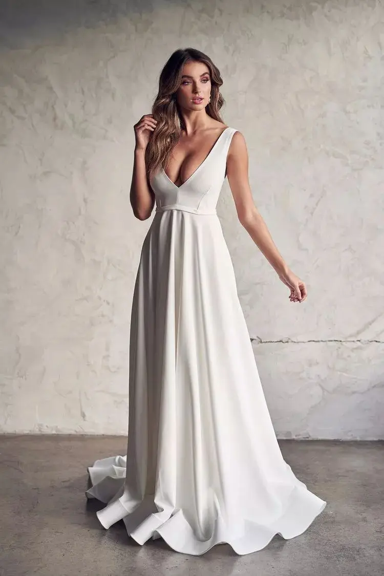 Vestido De Novia De Sirena Con Cuello En V, Traje Sexy Con Espalda Abierta, Bohemio, Semplice, Liso, Con Botones De Tren Largo, Pa