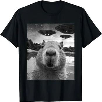 Funny Capybara Selfie with UFO Pattern Printed Women's T-shirt Summer Top Casual Round Neck Short Sleeved Women's Clothing 1