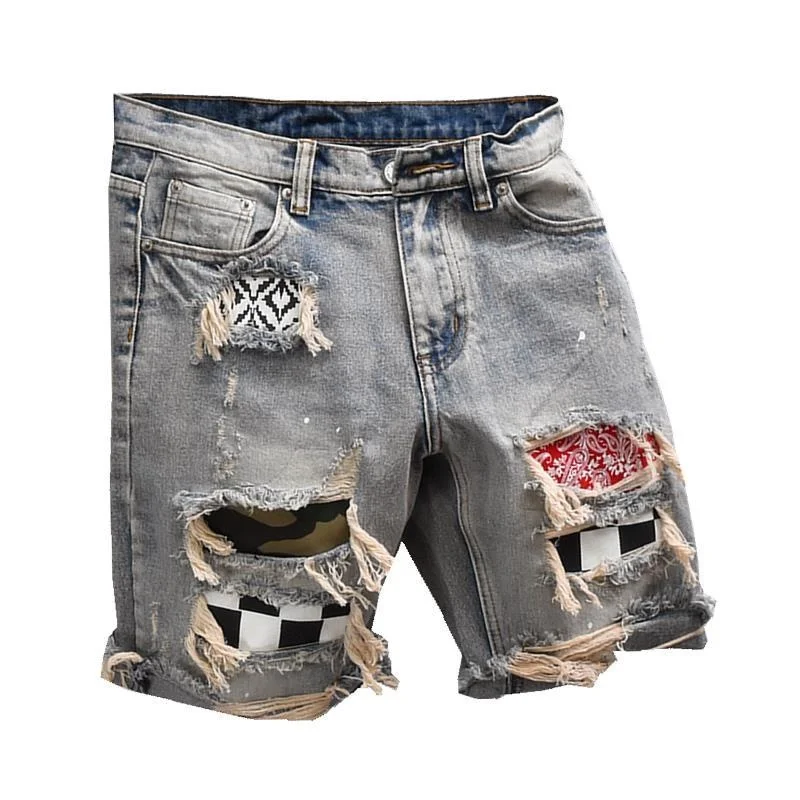 Summer denim shorts, men's personality, beggar patch, hole patch, slimming fashion label, versatile Korean version, trendy