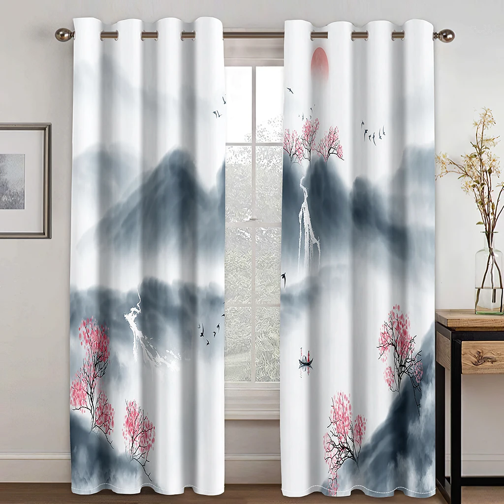 

Chinese Artistic Conception Ink Landscape Window Curtains Kids Bedroom Living Room Hall Treatments Kitchen Decor Drapes Blinds