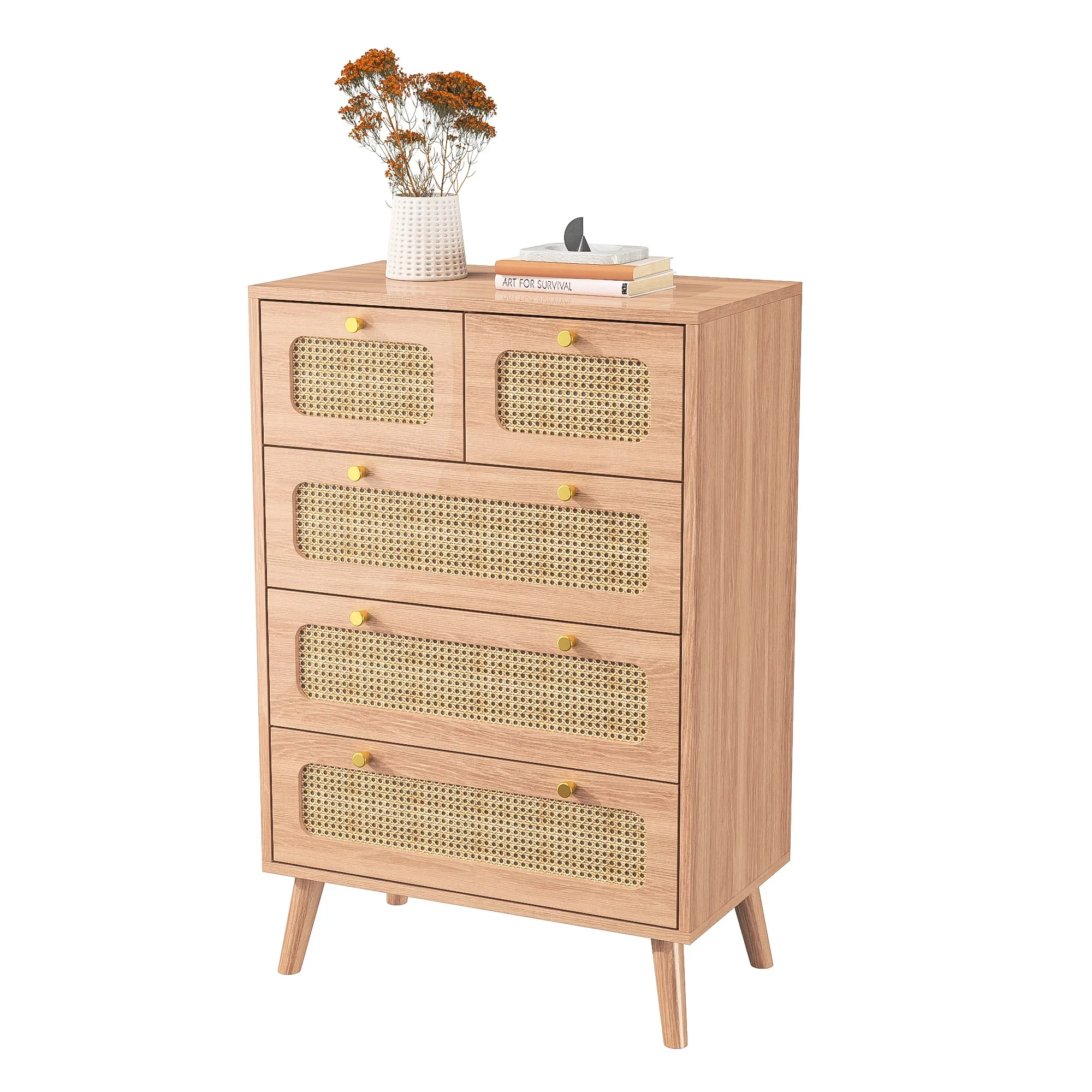 Rosahqnda Rattan-Schrank, Rattan-Aufbewahrungsschublade mit 6 Schubladen, Holzbeine, Metallgriffe, Wohnzimmer, Schlafzimmer, Original-Holzfarbe – Detail 7