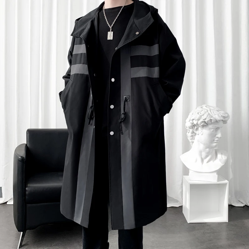 2024 Spring Mens Windbreaker Trenchcoat Patchwork Color Medium Long Korean Covered Button Hooded Trench Outwear