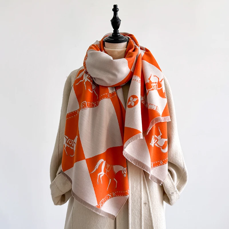 Elegant Heart Pattern Scarf Imitation Cashmere Soft Warm Versatile Shawl Coldproof Windproof Blanket Scarf for Autumn Winter