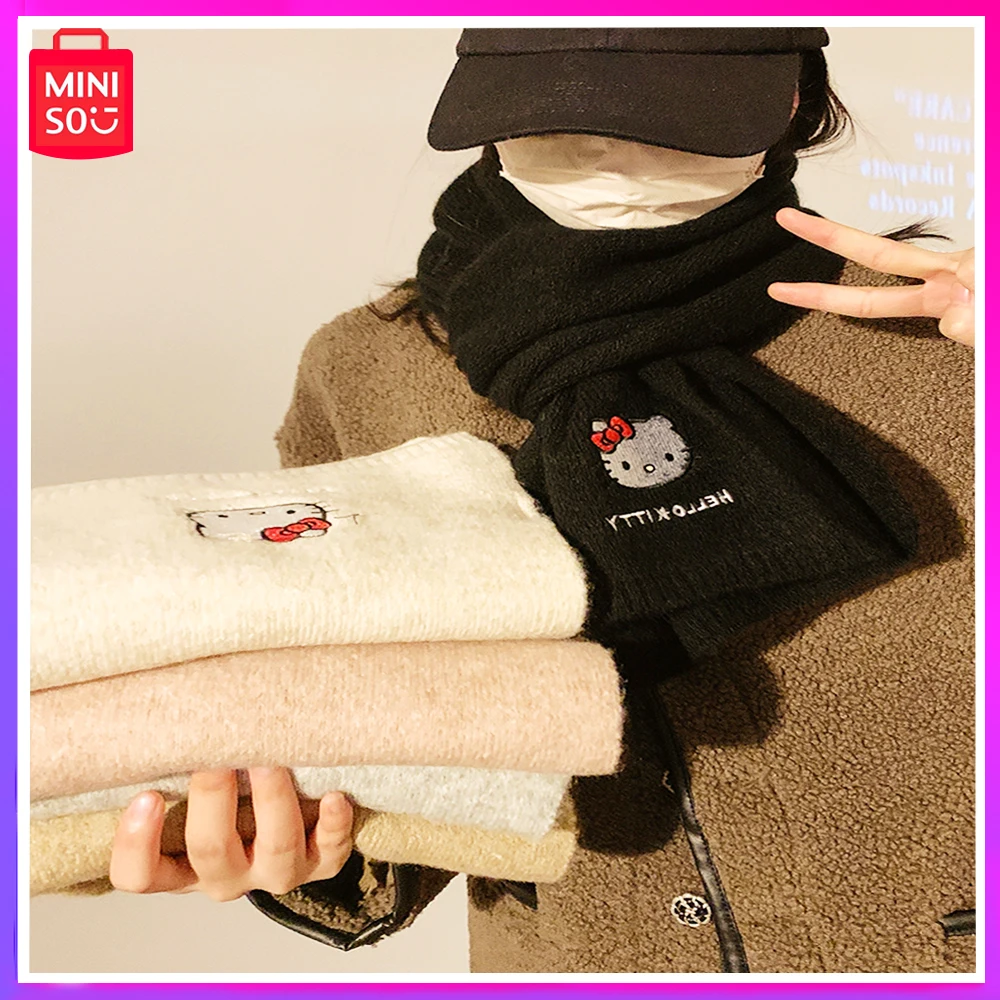 

Miniso 2023 Cute Sanrio Hellokitty Knitted Wool Scarf for Women Winter Thickened Warm Day with Wool Neck Christmas Gift Soft