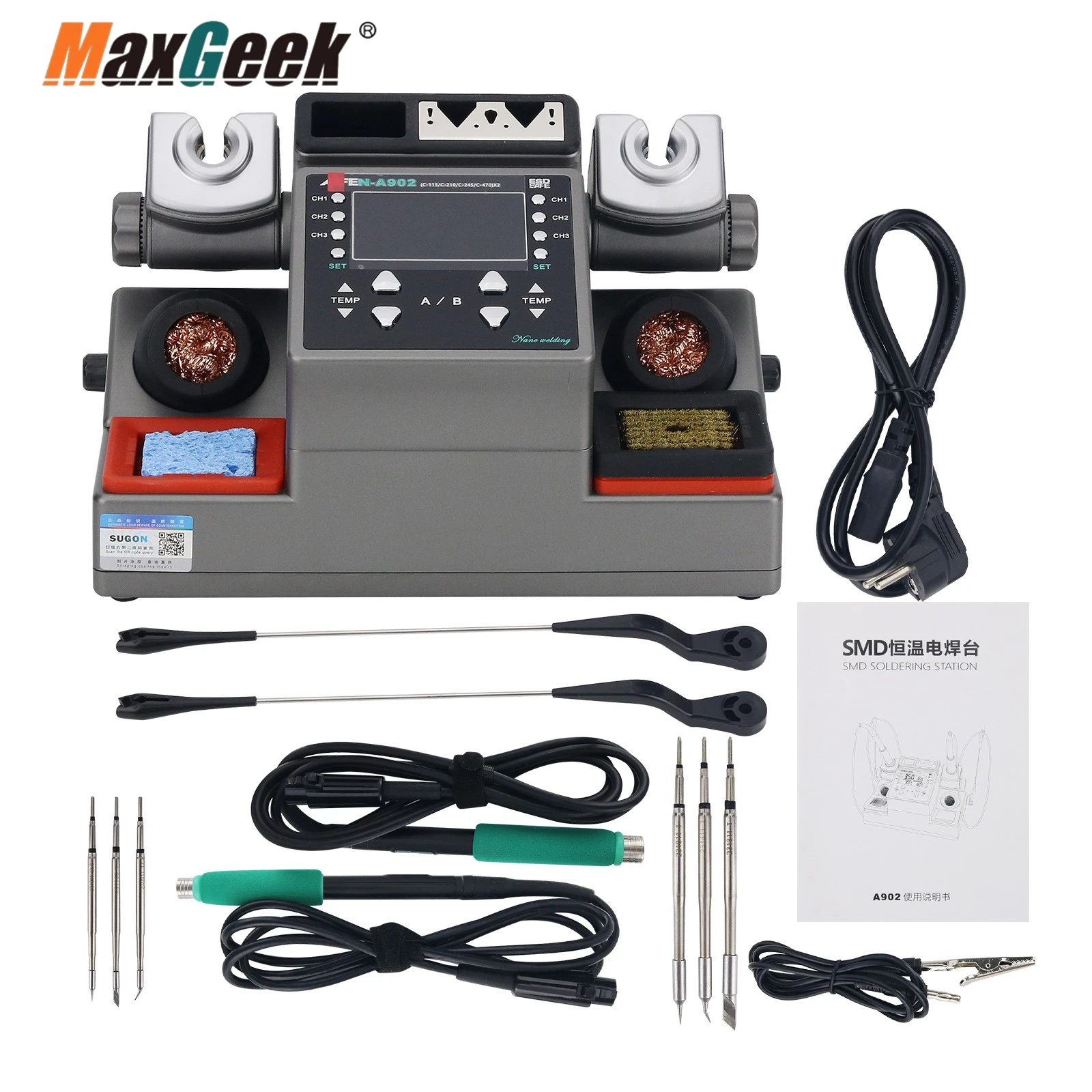

Maxgeek AIFEN A902 350W High Power Soldering Station Double Welding C115 C210 C245 Double Station Solder Tools