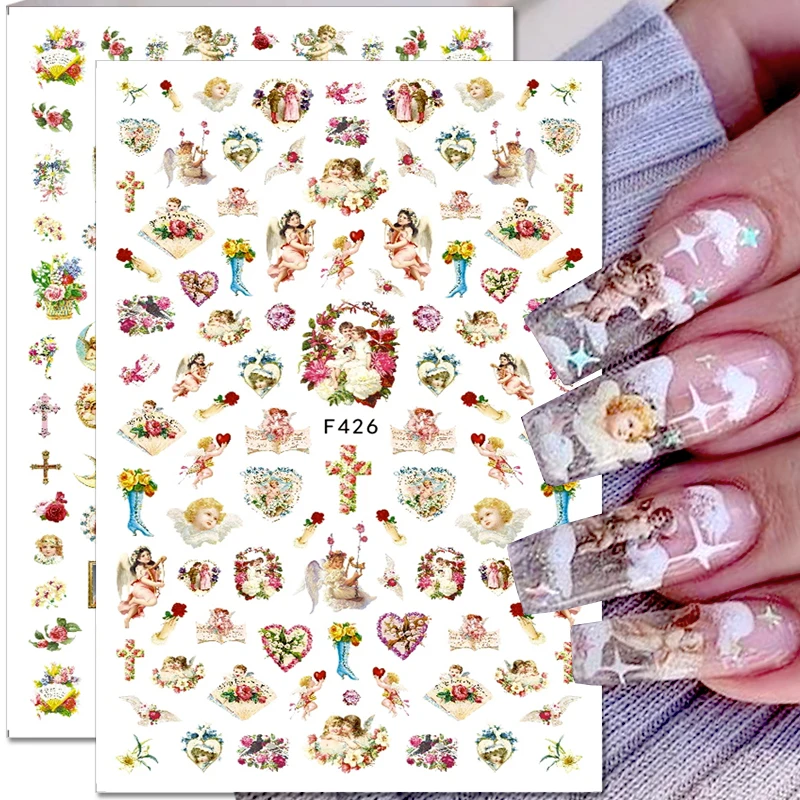 

3D Angel Christian Nail Sticker Flower Virgin Mary Cupid Nail Decals Cross Self-Adhesive Slider Nail Design Nail Art Decoration