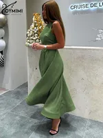 Oymimi Elegant Green Cotton Women's Dress Fashion O-Neck Sleeveless Dresses Casual New High Waist A-Line Mid-Calf Dresses Female - Image 4