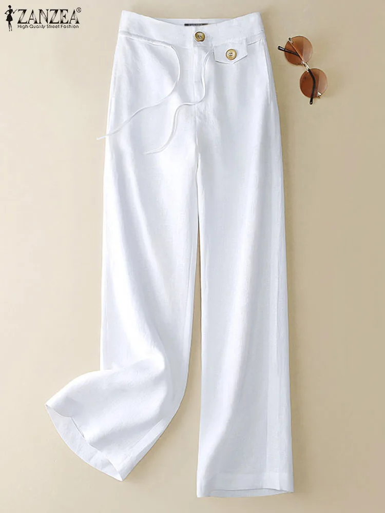 ZANZEA Women High Waist Solid Long Pants Vintage Summer Trousers Casual