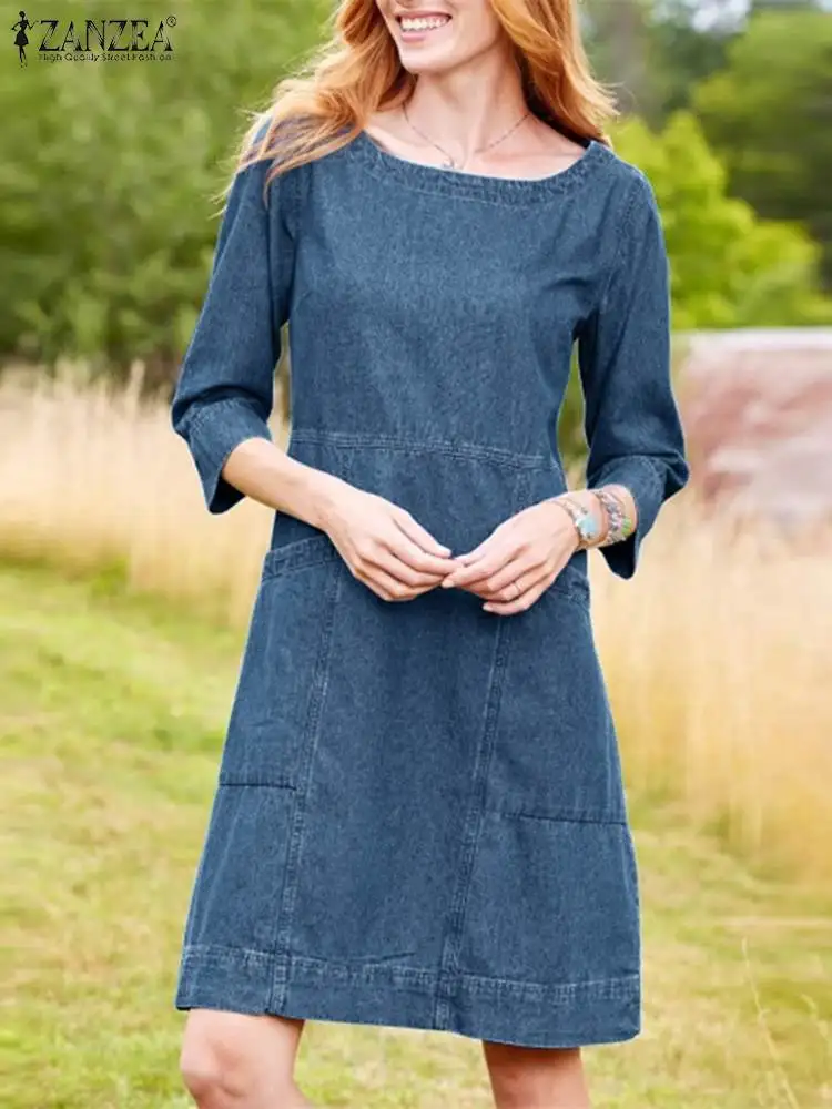Abiti In Denim Primaverile Zanzea Moda Donna A Line Jeans Dress O Neck 3/4 Sleeve Denim Blue Vestidos Casual Holiday Sundress Robe
