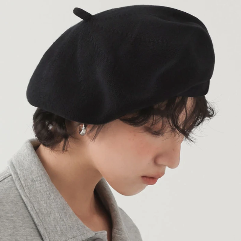 Pure Cotton Cream White Beret for Women Painters with Large Head Circumference and Thin Summer Black Men's Knitted Pumpkin Hat 3