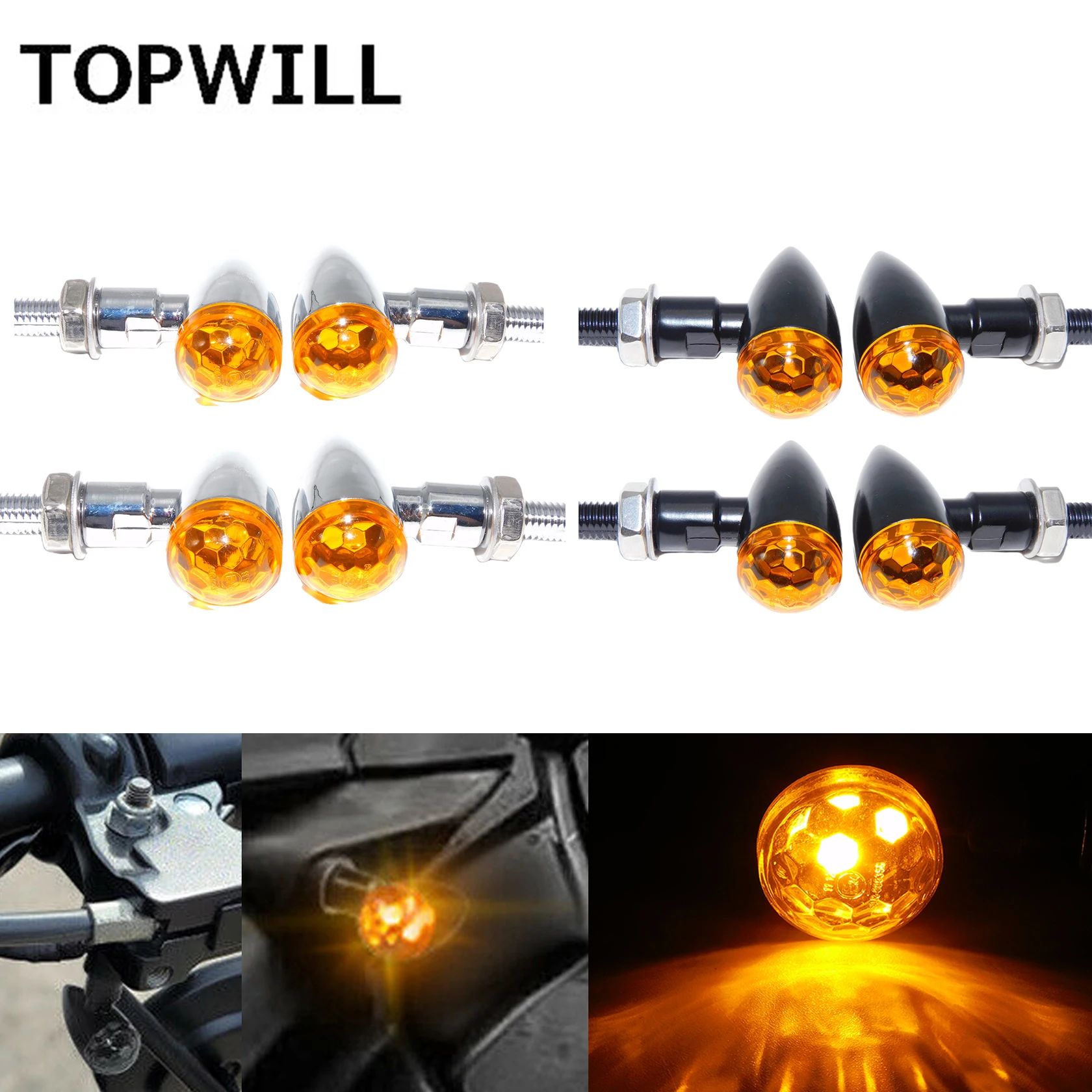 4PcsMotorcycleLEDMiniTurnSignalLightBulletMotoAmberIndicators