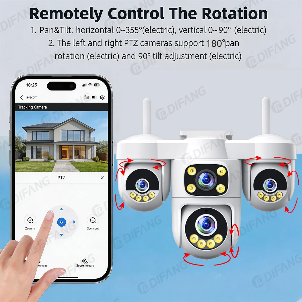 DIFANG New 20MP WiFi Home Surveillance Camera 4 Lens 4 Screen 6 Motor 3 PTZ 5X Zoom Wireless Security Outdoor IP CCTV O-Kam Pro 3