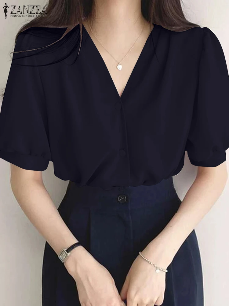 

Блузка ZANZEA женская оверсайз однотонная, пикантная рубашка с коротким рукавом и V-образным вырезом, туника, Повседневная Свободная Праздничная блузка, шикарные топы, лето 2024