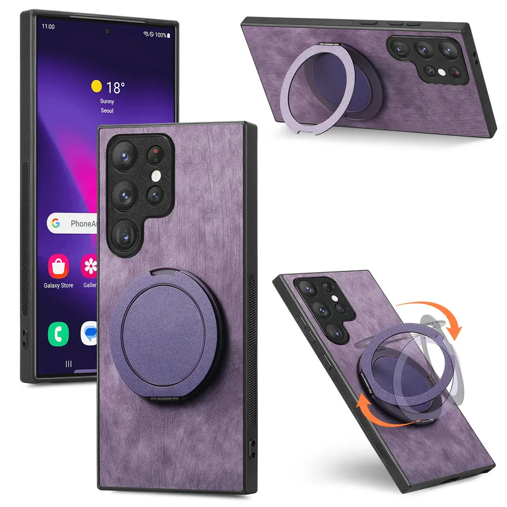 Luxury Leather Back Case with Ring Holder and Magnetic Feature