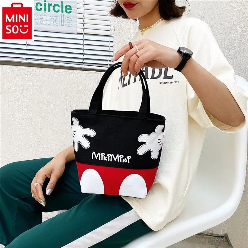 

MINISO Disney Oxford Cloth Women's Canvas Bento Handbag Student Minimalist Winnie Bear Mickey Print Cute Handheld Shoulder Bag