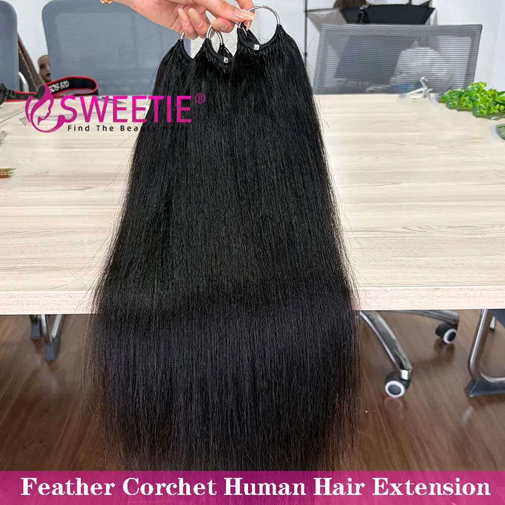 Yaki Straight Feather Crochet Human Hair Extensions 12A Light Yaki Straight Crochet Virgin Human Hair Pre-Separated Knotless 4