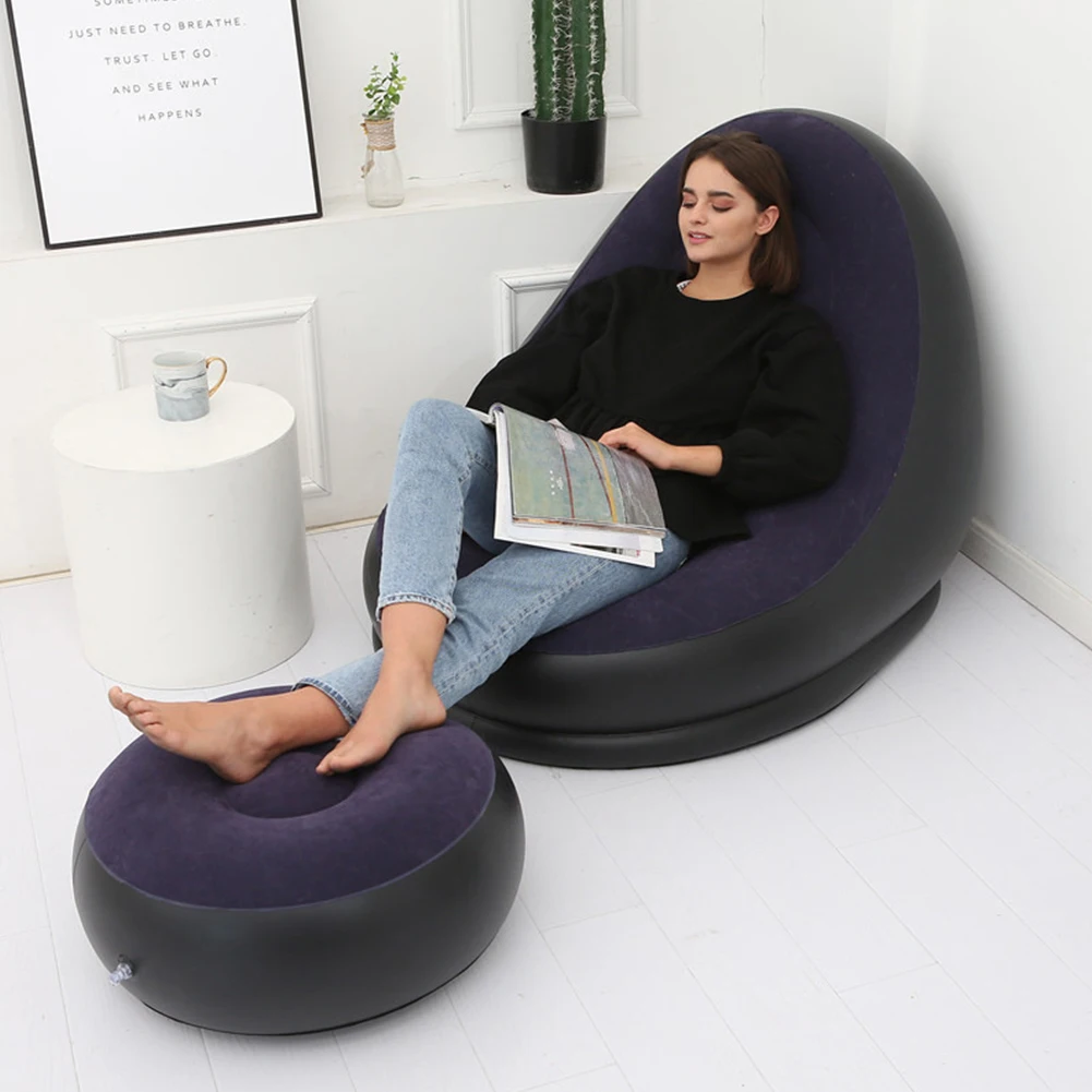 PVC Flocking Blow Up Lounger Chair Inflatable Couch Foldable Recliner Sofa Chair for Balcony Backyard Camping Picnic RV