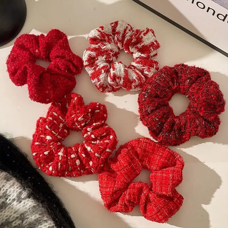 Crimson Elastic Hair Scrunchies Set - Stylish Winter Fashion Accessory