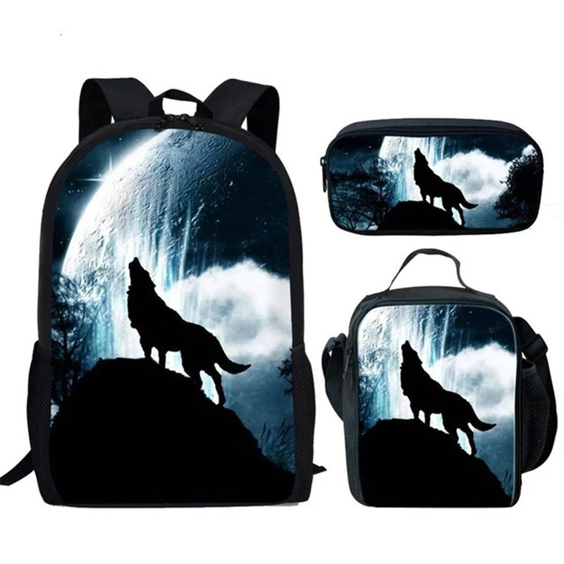 Popular Youthful Moon Wolf 3D Print 3pcs/Set Student Travel bags Laptop Daypack Backpack Lunch Bag Pencil Case