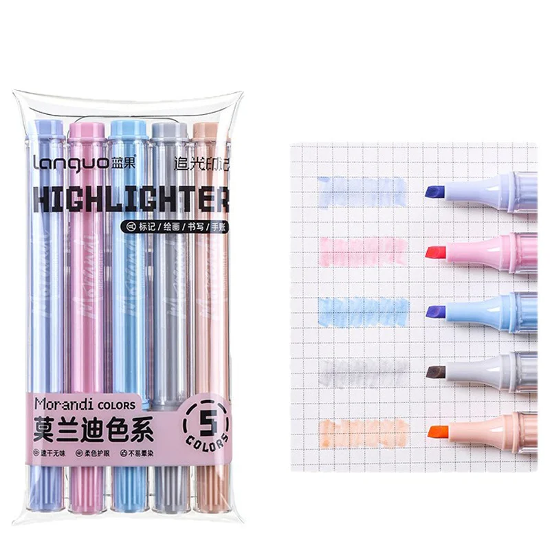 5PCS 소프트 라이트 눈 보호 형광펜 모란디 마카롱 마킹 드로잉 필기 노트 미세 플래시 마킹펜