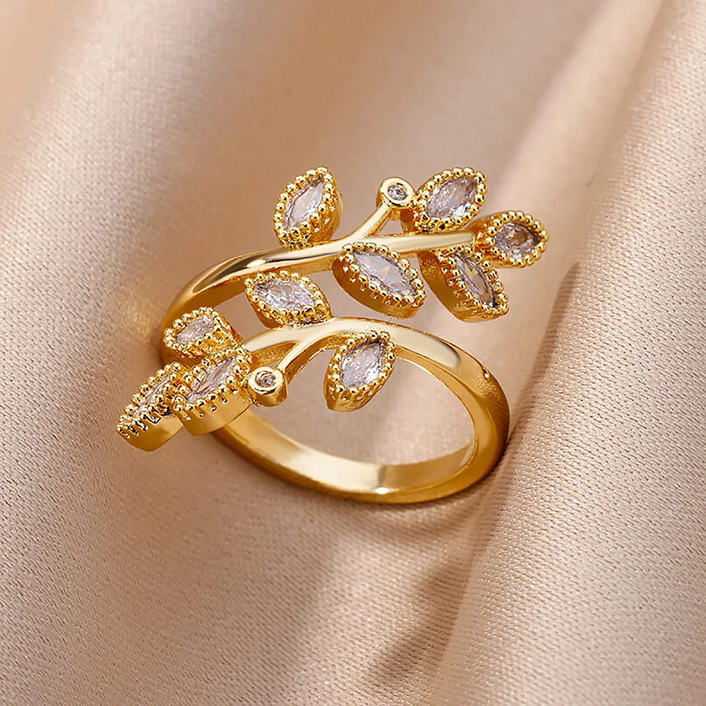 Pink Zircon Tree Leaf Rings for Women Luxury Shine Stainless