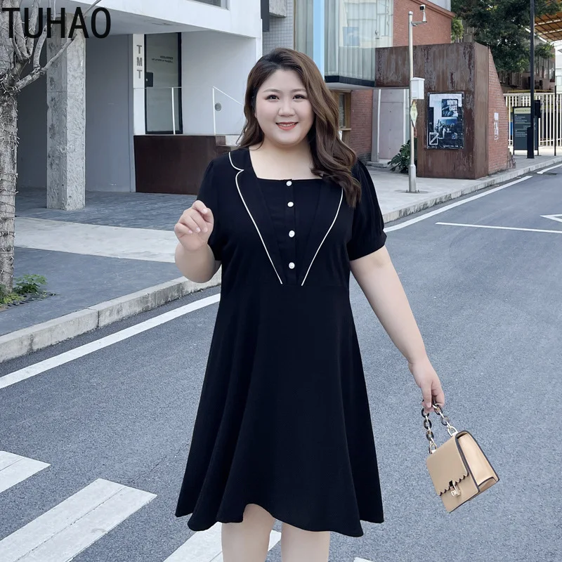 

TUHAO Elegant Black Mother Mom Dresses Short Sleeve Loose Summer Dress Oversized 7XL 6XL 4XL 3XL Female Casual Midi Dress