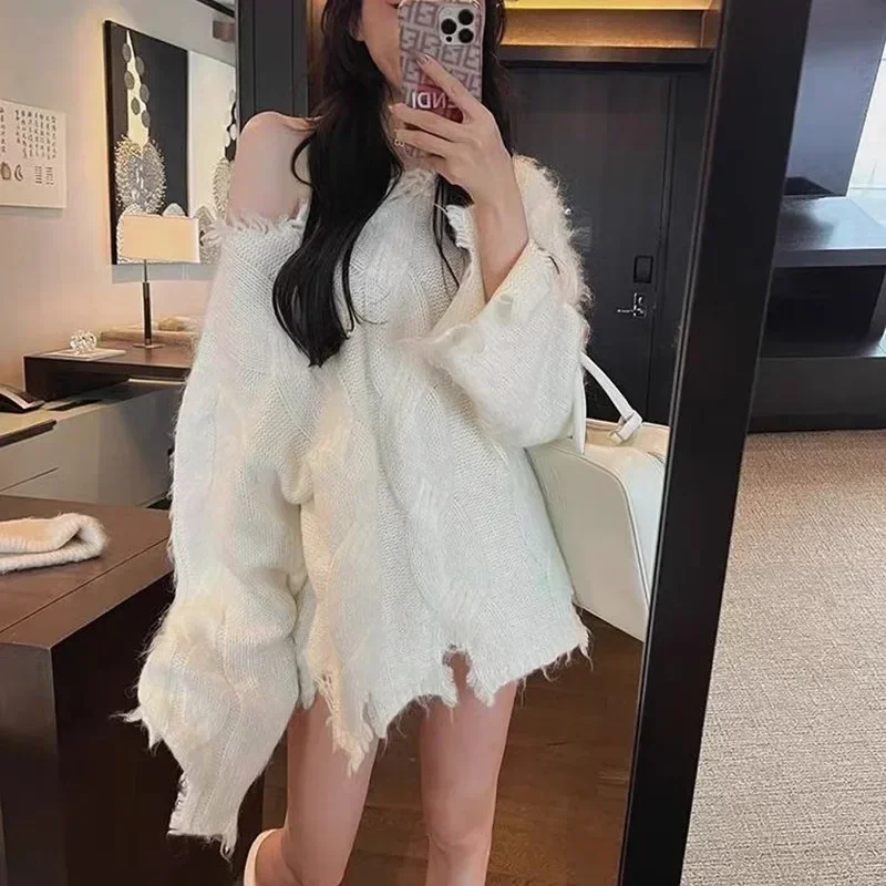 Autumn and Winter Fashion New Ripped Street Women's Long-sleeved Sweater V-neck Elegant Knitwear Solid Color Blouse