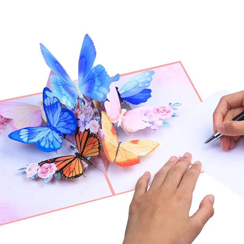 3D Pop Up motyl karta kartka z życzeniami urodzinowymi pamiątki ślubne prezent pocztówka motyl taniec w kwiatach karta z podziękowaniami