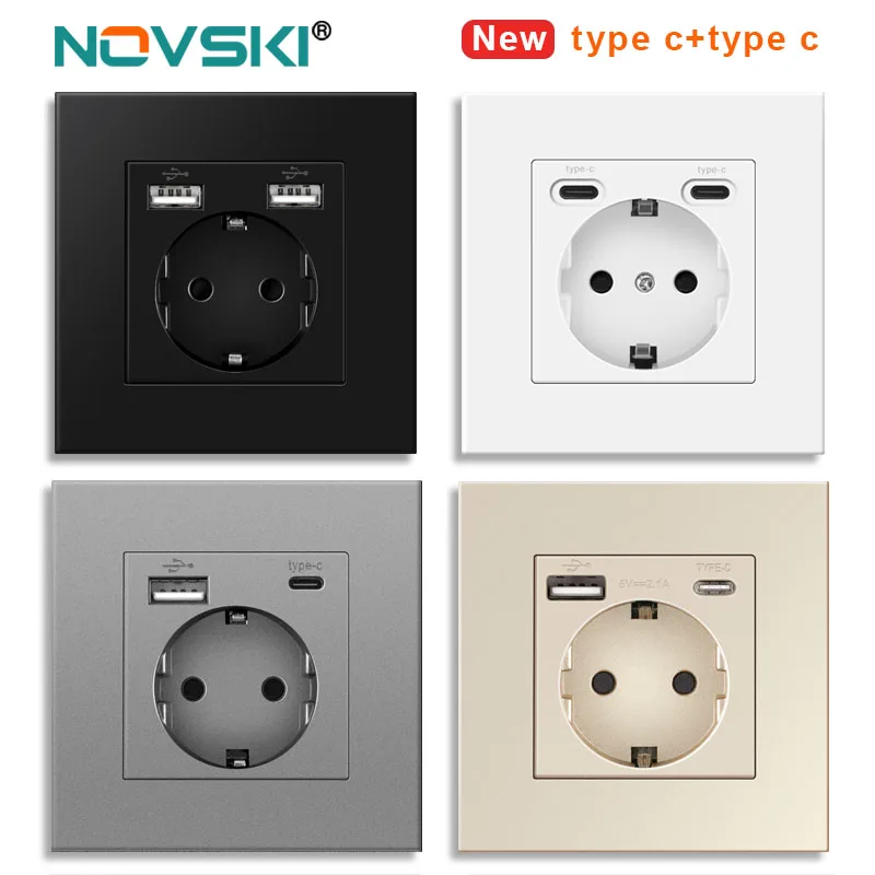 Novski Modern Wall USB Charger with Dual EU Standard Outlets, 110V-250V, 16A