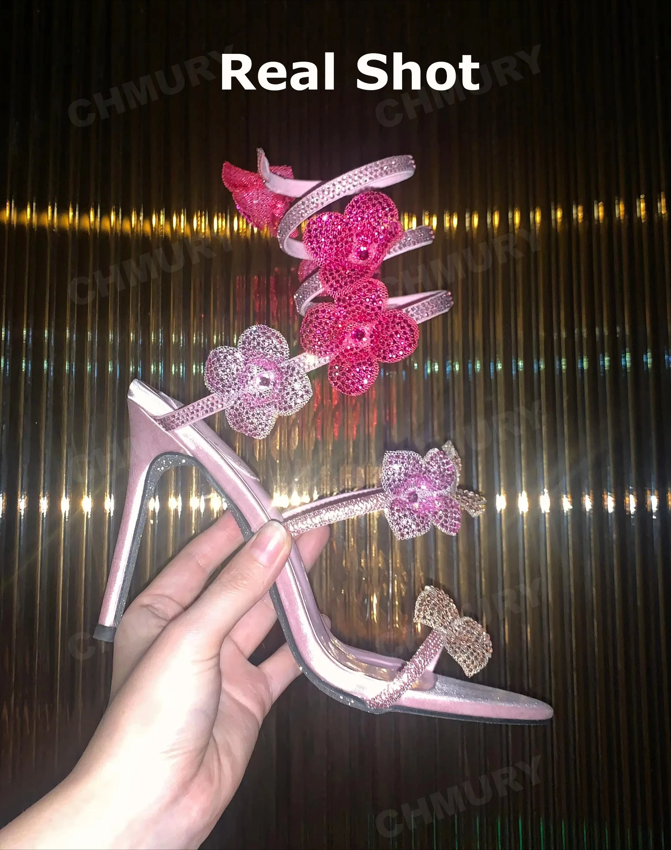 CHMURY Pink Flower Rhinestone High Heels Sandals Shoes Sexy