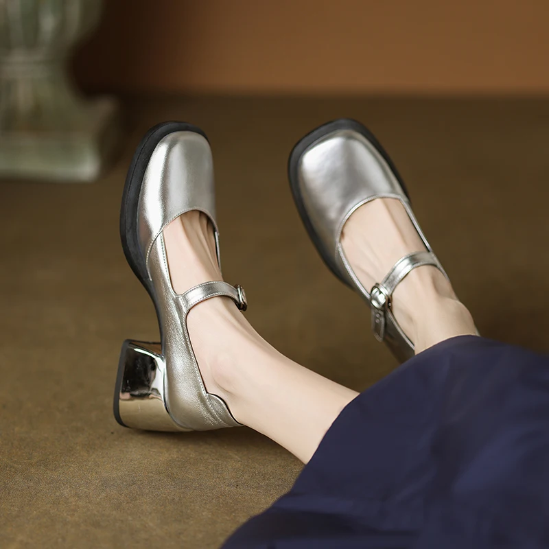Autumn Elegant Ladies Pumps Fashion One-line Buckle Ladies Square Heels Women Shallow Party Shoes High Heels Shoes Round Toe