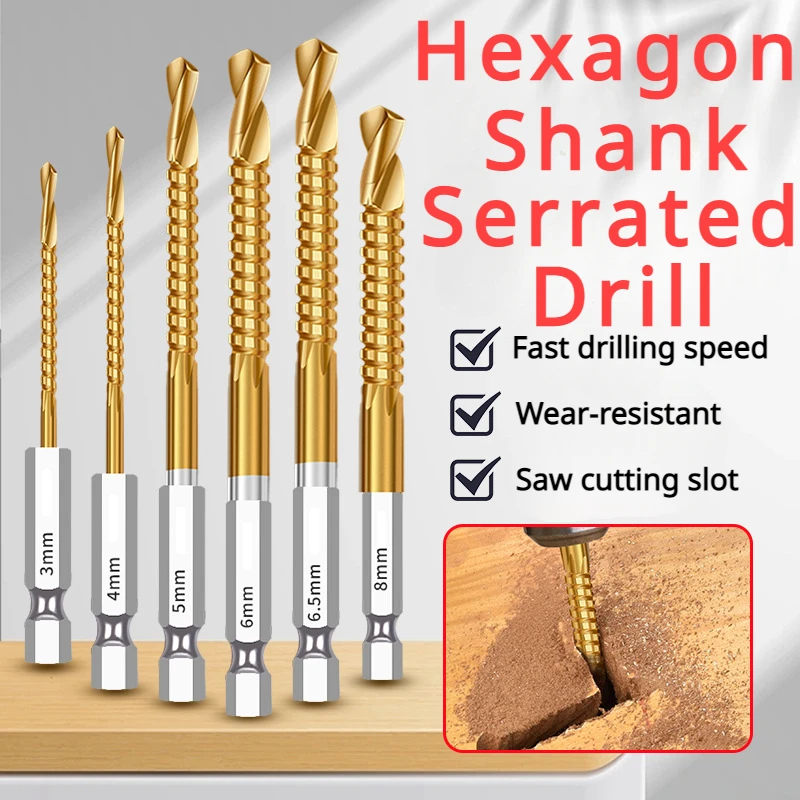 다기능 드릴 비트, 목재 육각 생크 금속 드릴 비트, 티타늄 오거 펀치 도구, 구멍 톱 키트, 전문 드릴, 3 개, 6 개