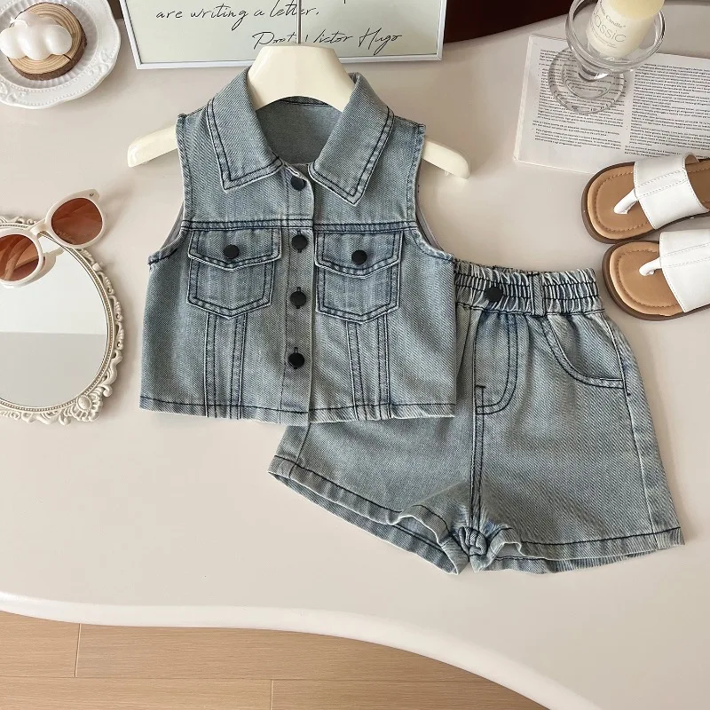 

Summer Girls Clothes Set Fashion Sleeveless Denim Jacket+Shorts Korean Children Jeans Shorts Kids Two Piece Sets 2 3 4 5 6 7Yrs