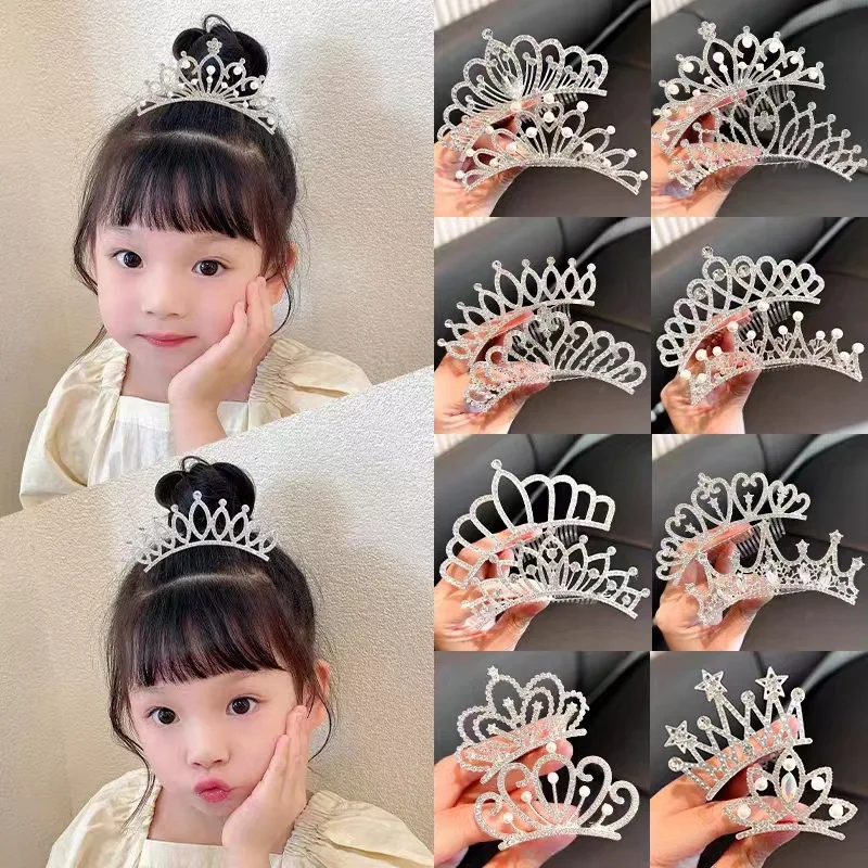 Crown Hair Comb Princess Birthday Party Crystal Hair Clip  Children Hair Band  Girl Headband Rhinestone Girl Hair Accessories girls pearl slippers female 2023 children s new summer pink sandals kid s soft bottom rhinestone flat bottom lazy slippers