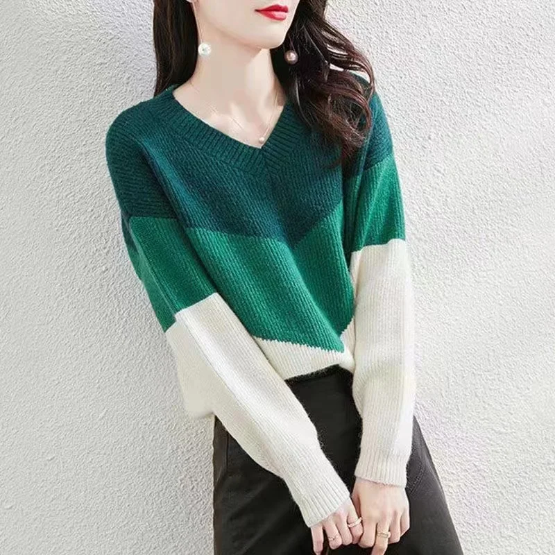 

V Neck Vintage Contrast Sweater Pullovers for Women Casual Loose Long Sleeve Jumpers Autumn Female Office Ladies Kintted Tops
