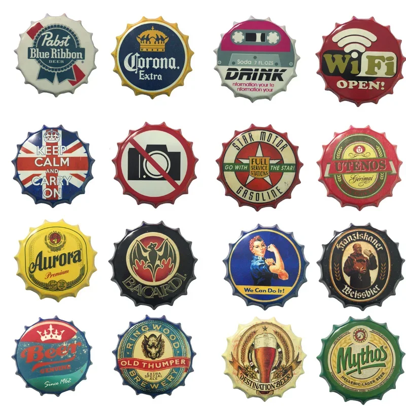 3.93in Wall Decorations Retro Tin Metal Beer Bottle Caps Sign Poster Plaque Bar Pub Club Home Decor Fridge Sticker 10*10*1CM