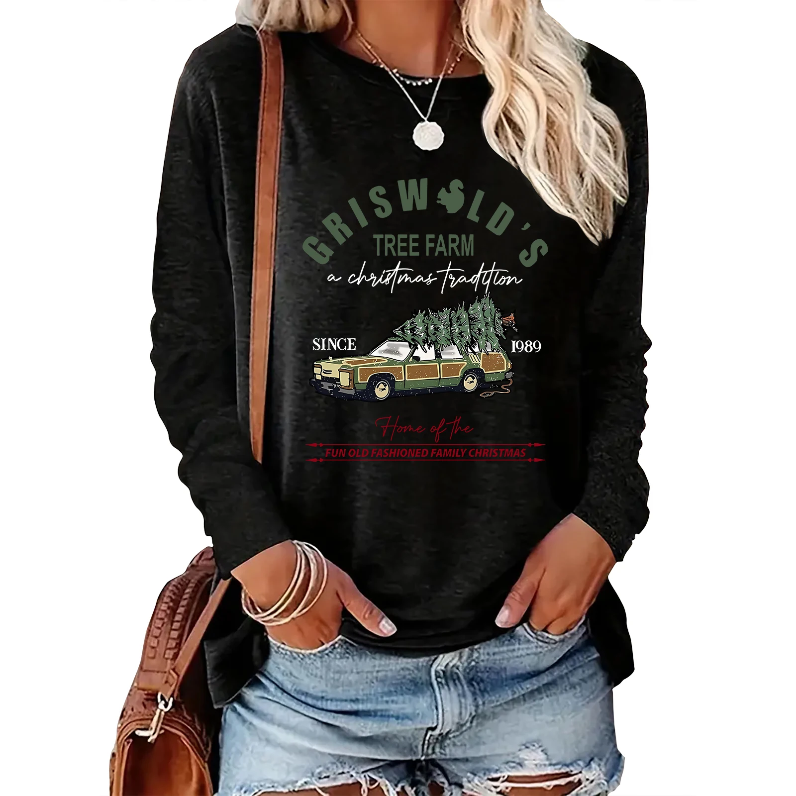 

Griswold Christmas Tree On Car Women's Autumn Winter Top T-shirt Long Sleeve Round Neck Snowman Christmas Print Pullover