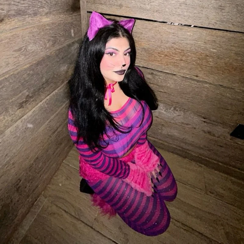 Costume di Halloween Set di abbigliamento per la casa a righe viola Gatto del Cheshire Gioco di ruolo con zampa carina Set di costumi per feste di carnevale per adulti - immagine 4