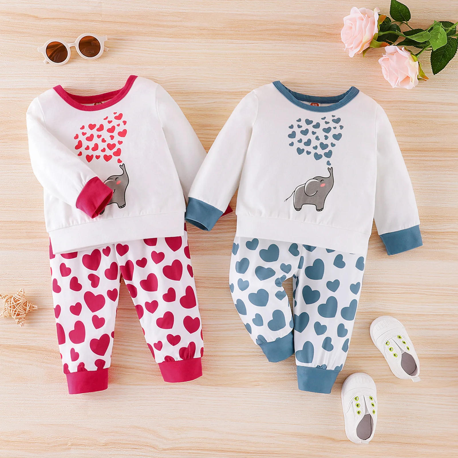 

Autumn Love Printed Cartoon Elephant Baby Hoodie and Sweatpants Two-piece Set Baby Clothes New Born Baby Girl Clothes Boy's Sets