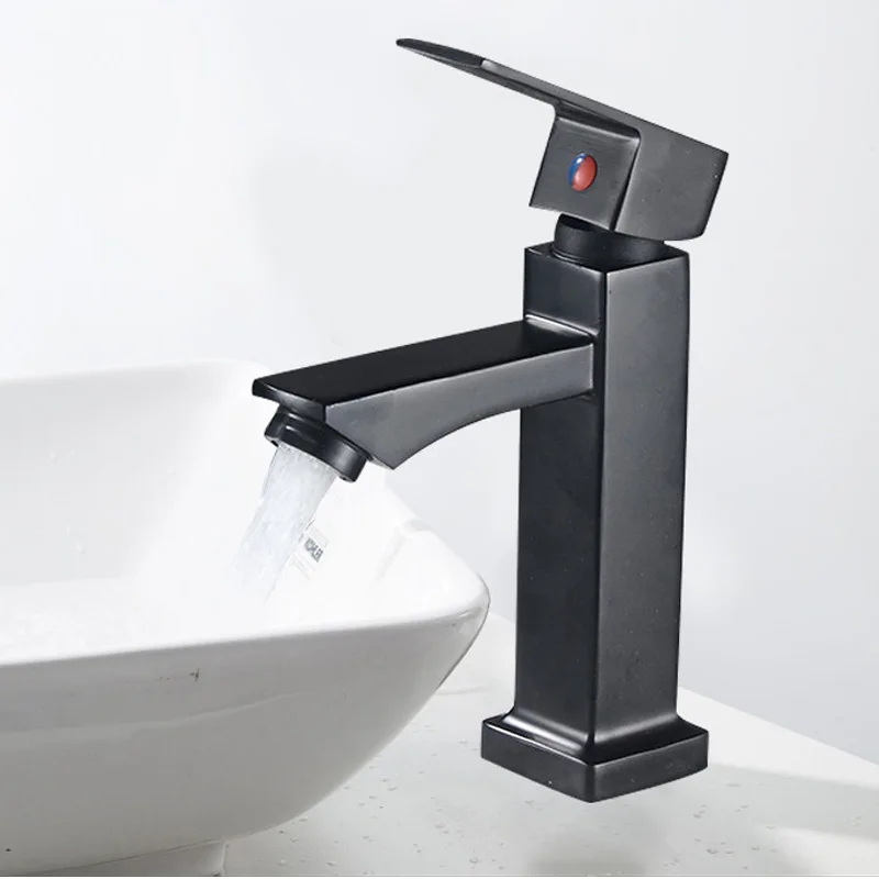 

Basin Sink Bathroom Faucet Stainless Steel Deck Mounted Hot Cold Water Basin Mixer Taps Black Lavatory Sink Tap