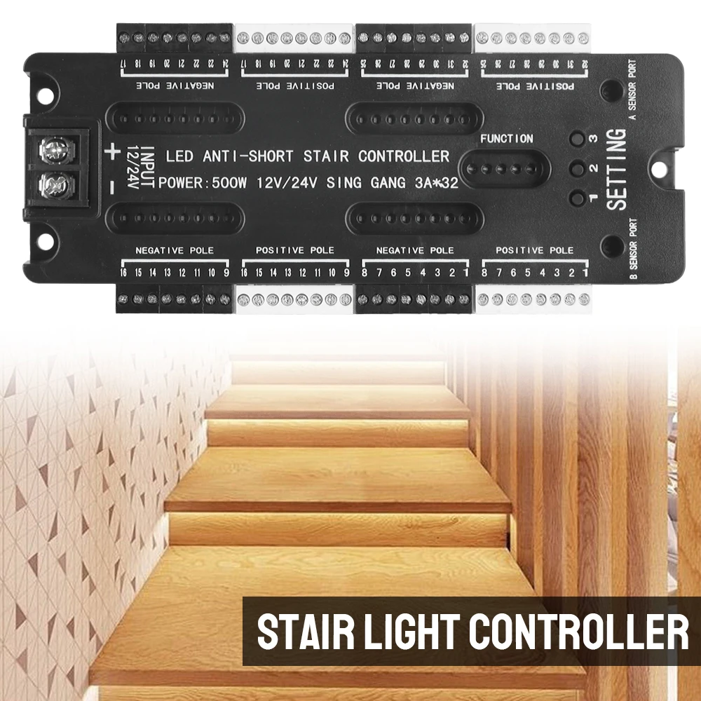 

32 Channels Stair Light Controller Kit Adjustable Brightness DC 12V 24V For Stairs Flexible Strip Indoor LED Motion Sensor