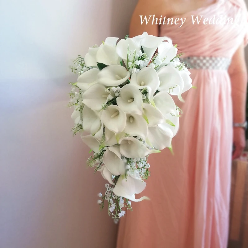 Bride Flowers Real Photos Ivory Calla Lilies with Convallaria Majalis Bouquet Mariage Cascading Bouquet Fleur Artificielle