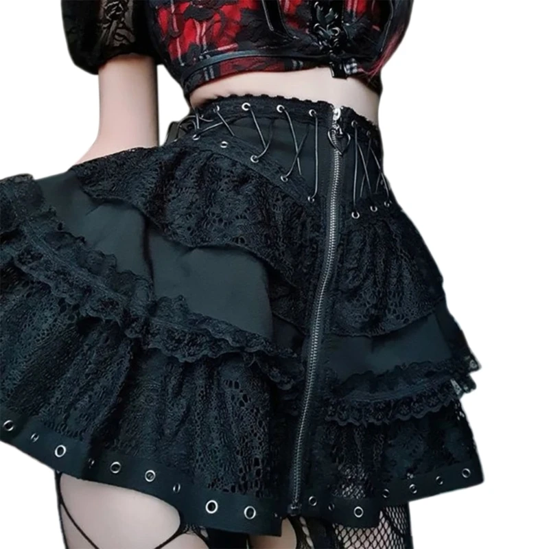 Pleated Lace Steampunk Skirt Elegant Ladies High Waist Loose A-line Skirt Woman Skirt Thigh-length Skirts for Seaside 10CF