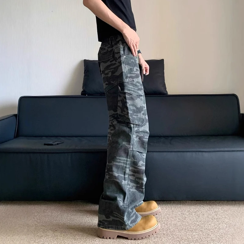 IEFB High Style Men's Denim Pants Pleated Camouflage Cargo Slant Pocket Jeans Loose Straight Wide Leg Male Trousers Tide 9C8607 4