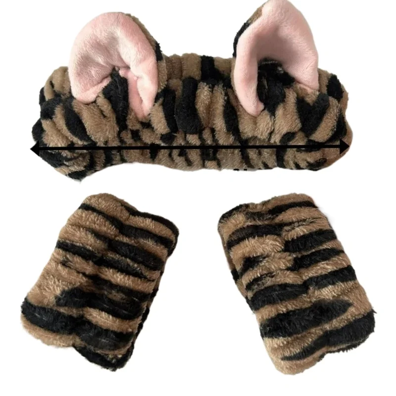 3-Piece Leopard Print Cat Ear Spa Set - Plush Headband with Adjustable Strap for Skincare & Makeup, Non-Slip Elastic Band