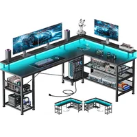 Gaming Desk 66" L with Power Outlet and LED Lights,Gaming Table with USB Ports,L Shape Desk with Storage Shelves & Monitor Stand 2