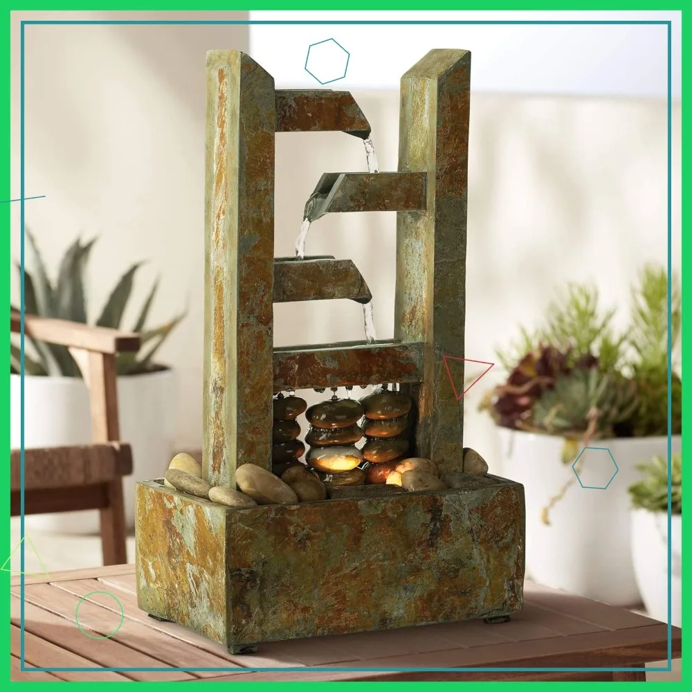 Modern Indoor Zen Waterfall Fountain with Light, Slate Stone Tabletop Decor for Desk Relaxation