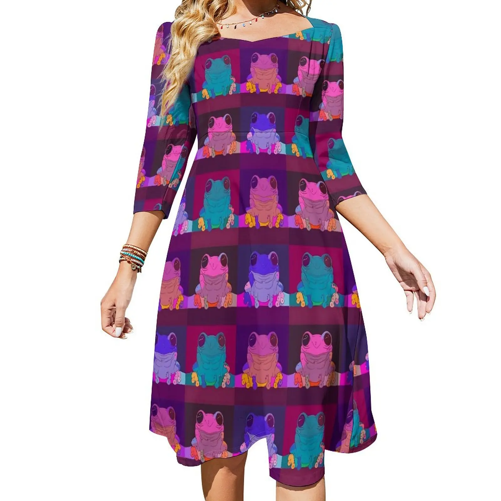 

Cute Frog Print Casual Dress Colorful Animal Modern Dresses Summer Sexy Square Collar Stylish Design Dress Big Size 5XL 6XL